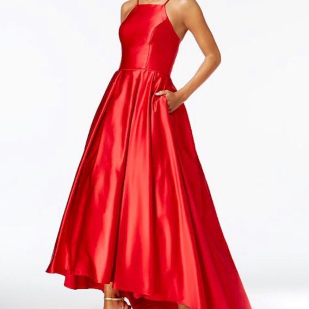 Betsy & Adam Red High-Low Satin Gown